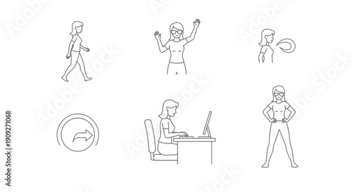 Woman's Daily Life Activities: Walking, Working, Exercising, and Icon