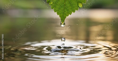 Macro Water Drop Falling from Green Leaf into Calm Pond