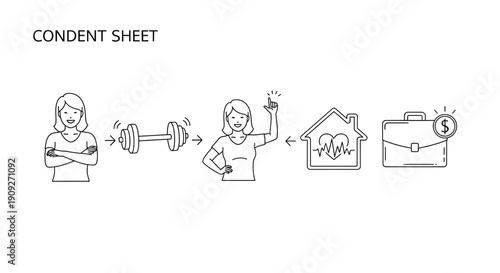 Woman's journey from fitness to success: health, home, and career growth concept