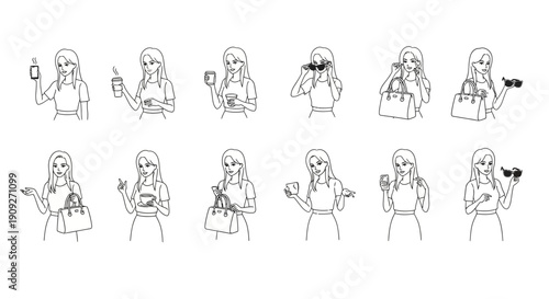 Woman's Lifestyle Collection: Fashion, Coffee, Shopping, and Sunglasses Poses