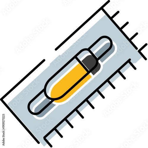 Construction trowel with a yellow handle featuring a notched edge for spreading adhesive, cement, or mortar, representing building and renovation tasks