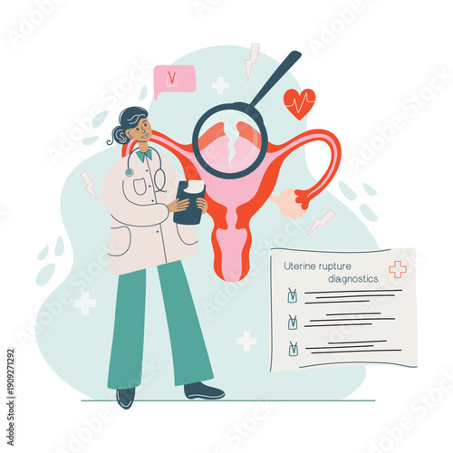 Uterine rupture. Doctor diagnosing and treating disease concept. Flat design hand drawn vector illustration.