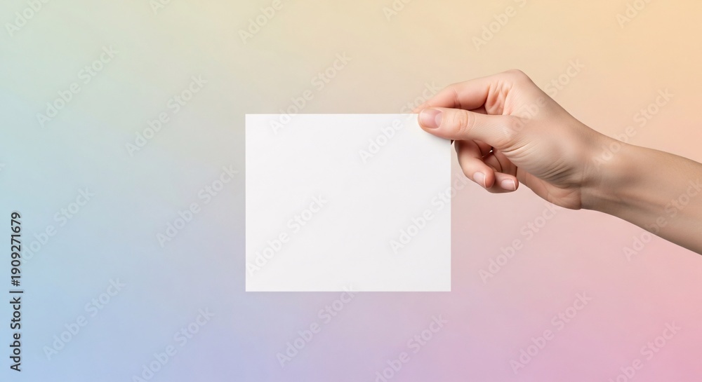 Obraz premium A horizontal blank white card mockup held by a hand against a soothing mint green and lavender purple gradient background with soft studio lighting.