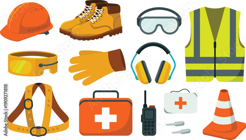 Construction safety equipment illustration, hard hat boots vest gloves goggles first aid protective gear industrial workplace security vector set