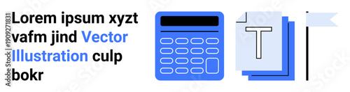 Office tools, productivity, mathematics, document organization, financial planning, data analysis. Blue calculator and documents with a flag symbol. Productivity and mathematics concept