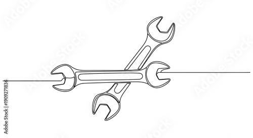 Two crossed wrenches in continuous line drawing style
