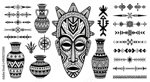 African Tribal Mask and Pottery Collection: Ethnic Ornaments, Vases, and Symbols