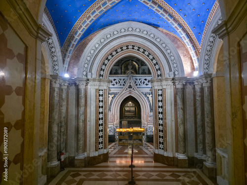 Photography Perspective view of the neo-Gothic crypt in the Basilica of Saint Clare in Assis