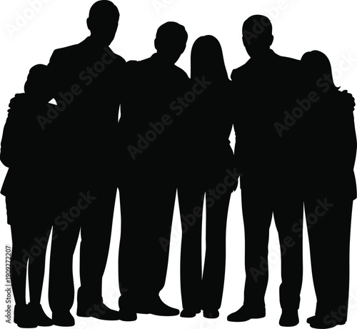Family group silhouette illustration showing parents and children standing close together, strong family bond, unity and togetherness concept, black vector design