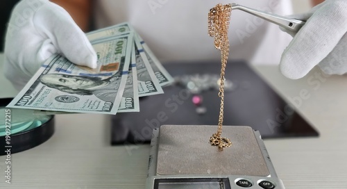 Wallpaper Mural A jeweler weighs a gold chain on a precision scale Torontodigital.ca