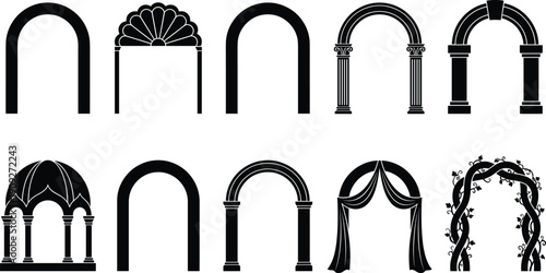 Decorative architectural arch silhouettes set, classic ornate doorway frames collection, vintage wedding garden elements, black and white vector design
