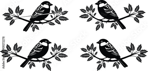 Black bird silhouette on leafy branch vector illustration, great tit or chickadee songbird perching, nature wildlife icon design element.