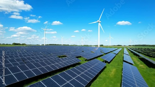 Renewable energy farm with solar panels and wind turbines