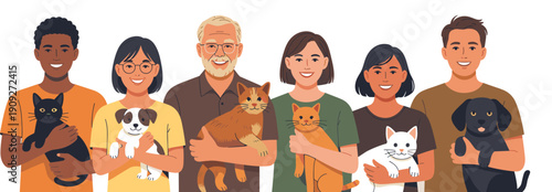 Diverse happy people holding pets together, friendly family illustration showing cats and dogs, animal adoption, community love concept, artwork, diversity