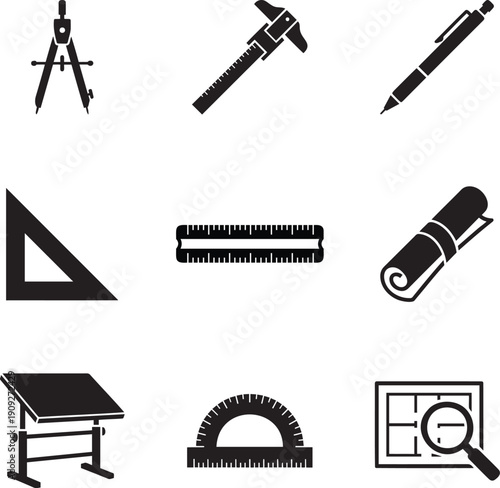 Professional Architect and Engineering Tools Icon Set for Technical Drawing and Construction Design