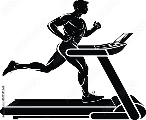 Muscular man silhouette running on treadmill for cardio workout, fitness training and healthy gym lifestyle concept