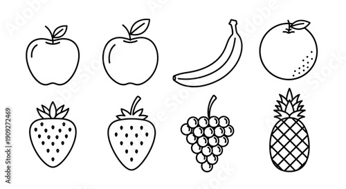 Assorted Fresh Fruits Line Art Icons: Apple, Banana, Orange, Strawberry, Grapes, Pineapple