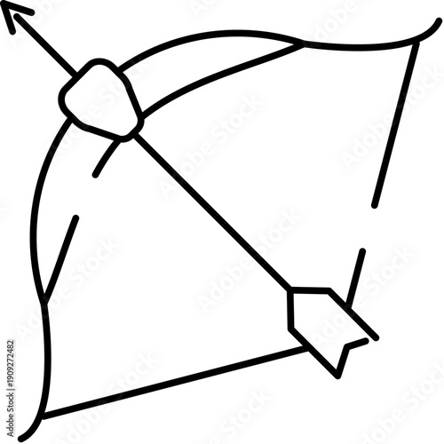 Bow and arrow outline icon symbolizing archery, marksmanship and target practice, minimalist black and white graphic for hunting, sports, focus, precision and aiming skills