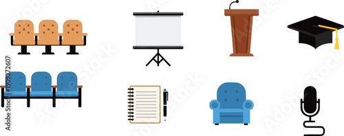 Education conference icons set with auditorium seating podium projector microphone notebook armchair graduation cap vector illustration, flat design isolated white