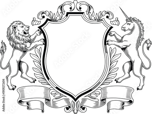 Heraldic Shield Crest with Lion and Unicorn Vintage Coat of Arms Engraving Style Royal Emblem Illustration Isolated on White Background