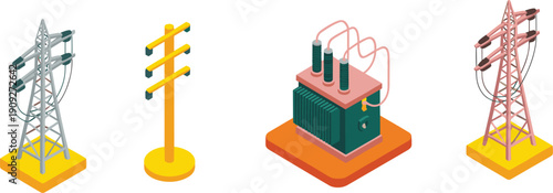 Electric power transmission towers, utility poles and transformer illustration showing energy distribution infrastructure, electricity grid technology, industrial voltage supply concept