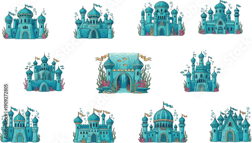 Fantasy underwater castle collection illustration, magical ocean palaces set, aquatic kingdom architecture icons isolated, fairytale marine landscape design concept