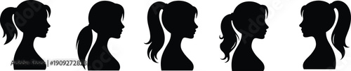 Female profile silhouette collection, woman head side view hairstyles, elegant beauty portraits, minimal people shapes, isolated black vector illustration