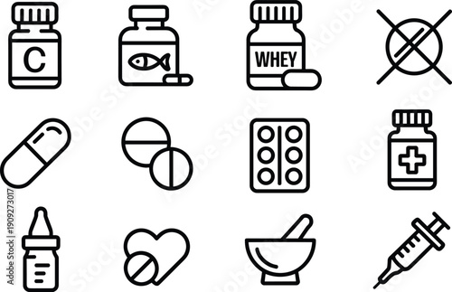 Medical and supplement line icon set featuring vitamins, pills, capsules, whey protein, syringe, mortar, and healthcare symbols in clean outline vector style