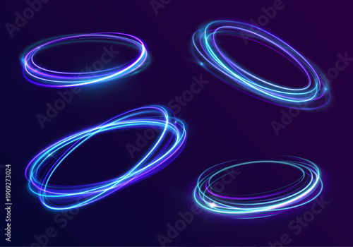 Glowing swirl of blue and purple neon lights creates a hypnotic spiral. Motion blur enhances the dynamic flow. Perfect for digital energy themes.