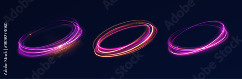 Circular neon trails overlap in a glowing swirl. The vibrant colors pulse with futuristic energy. Design features bright, flowing lines on black backdrop.