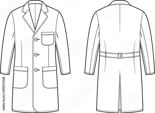 Men Trench Coat Technical Flat Illustration Showing Front and Back Views Tailored Outerwear Design Isolated on White Background