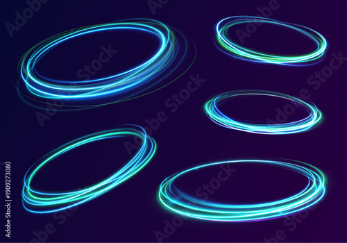 Neon light rings in motion create a vivid abstract pattern. Blue and pink hues blend into glowing trails. The effect evokes speed and modern technology.