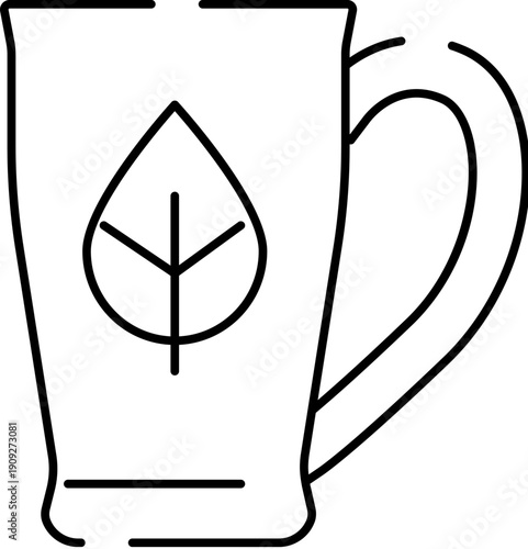 Simple outline of a mug with a leaf emblem, symbolizing organic tea, herbal infusions and natural wellness, minimalist line art for health, eco lifestyle and calming beverages