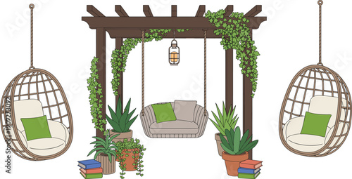 Garden pergola swing seating illustration, outdoor patio furniture hanging chairs plants cozy relaxation backyard decor nature lifestyle vector scene