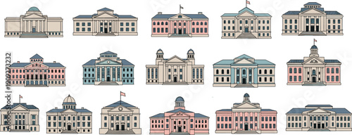 Government classical buildings illustration set, courthouse parliament university architecture icons collection, institutional landmark facades isolated vector civic structure design