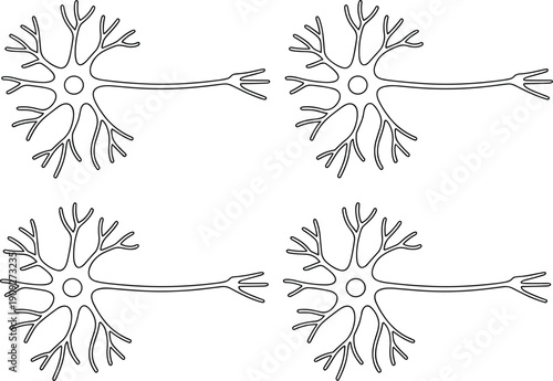 Neuron Cell Line Icons Set Illustrating Nerve Cells, Dendrites, Axons, and Neural Connections for Medical, Science, and Biology Vector Illustration
