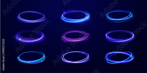 Luminescent rings shimmer in overlapping glowing layers. Soft gradients blend cool and warm neon hues. Imagery suggests futuristic technology and flow.