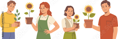 People holding potted plants illustration, men and women caring for flowers, flat vector design representing gardening, nature love and eco friendly lifestyle
