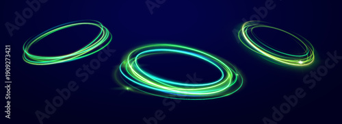 Set of radiant speed spirals glow brightly against dark backdrop. Neon circles and swirling trails evoke energy and motion. Ideal for high-tech visuals and interfaces