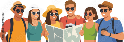 Happy friends traveling together illustration, young tourists holding map, summer vacation adventure, friendship bonding, travel lifestyle concept, modern vector design