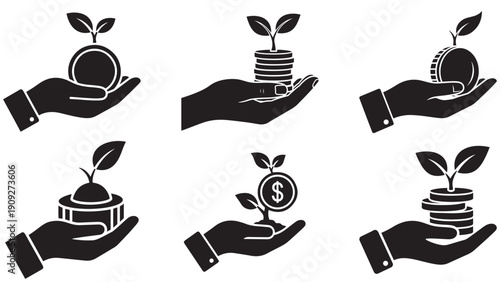 Sustainable Investment Icon With Hand Holding Growing Coin Plant And Leaf Sprout, Black Solid Vector Symbol For Impact Investing And Green Finance