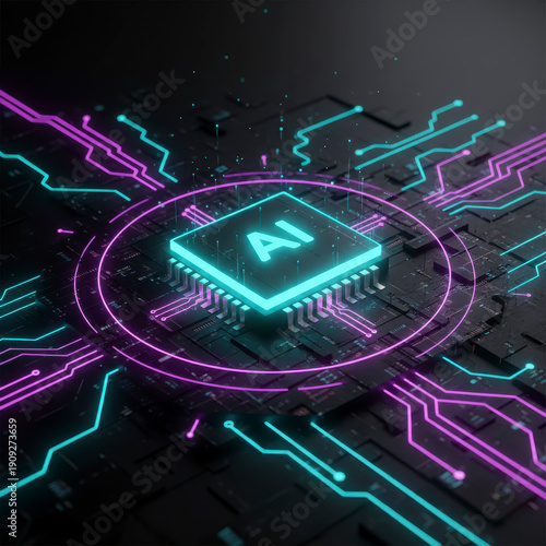 AI processor microchip on motherboard with circuit board and glowing blue light. Technology background for artificial intelligence, machine learning, and data engineering in digital cyberspace.