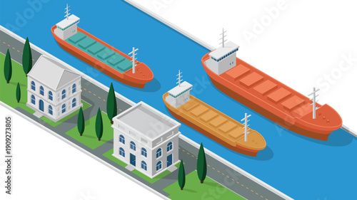 Isometric cargo ships navigating urban canal with waterfront buildings trees road transport logistics shipping maritime trade industrial city illustration concept