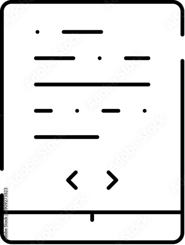 Stylized icon showing a digital e reader displaying content, including text lines and pagination arrows, representing modern reading and digital media