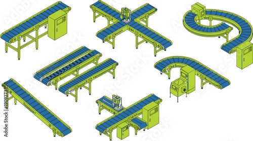 Isometric conveyor belt systems illustration, industrial material handling equipment, automated production line conveyors, factory logistics machinery concept design