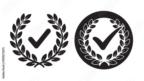 Approval And Certification Laurel Wreath Badges With Checkmark, Black Solid Vector Emblems For Verification, Quality Assurance And Sustainable Standards