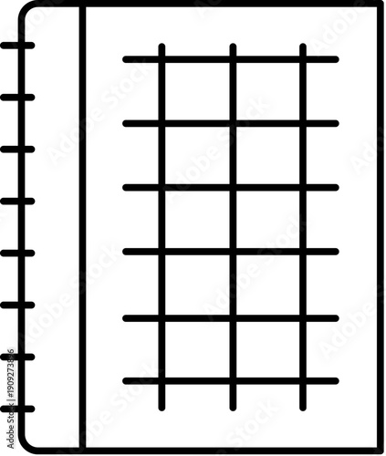 Simple outline icon showing a spiral bound notebook with grid lines on the page, symbolizing concepts of learning, planning, and information management, perfect for digital interfaces