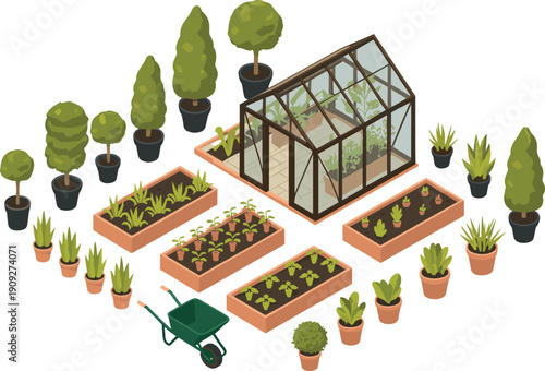 Isometric greenhouse garden illustration, with raised beds, potted plants, wheelbarrow, sustainable home gardening concept for modern organic urban backyard lifestyle