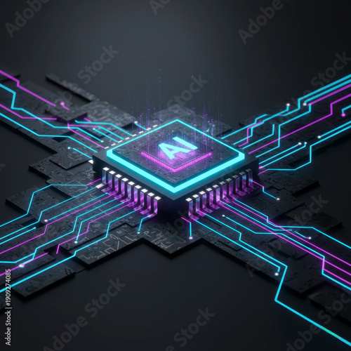Artificial intelligence CPU on a tech motherboard with glowing circuit paths. Concept of neural networks, machine learning, and futuristic computer hardware in dark aesthetic.