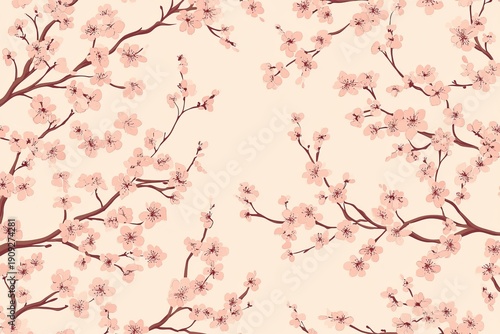 Delicate Blush Blossom Texture with Seamless Floral Pattern of Soft Petal Clusters and Branches